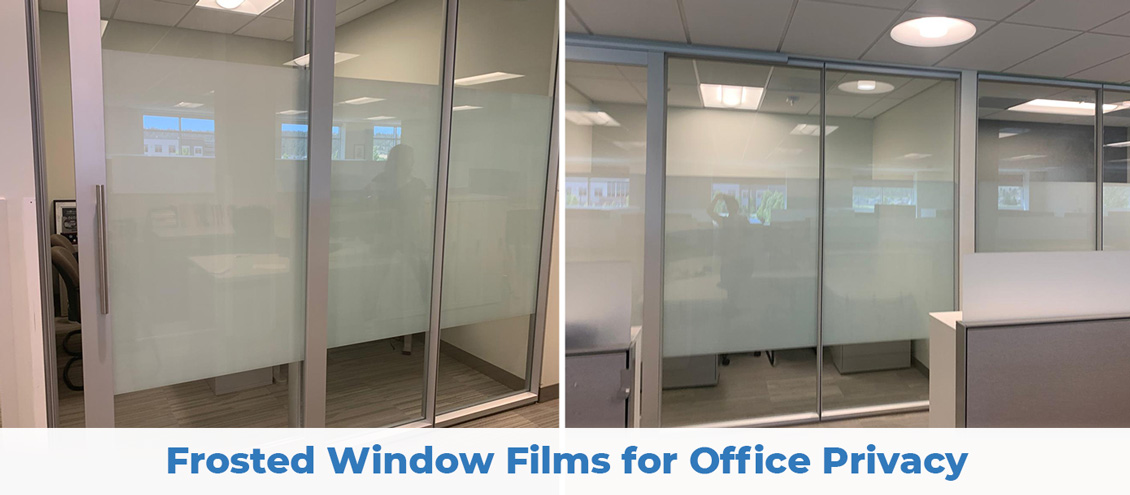 Glass Office Windows With Frosted Privacy Film Obscuring the Interior View of the Office From Outside